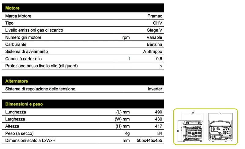 Pramac P3500I/O - Generatore di corrente Inverter silenziato 3,0 Kw