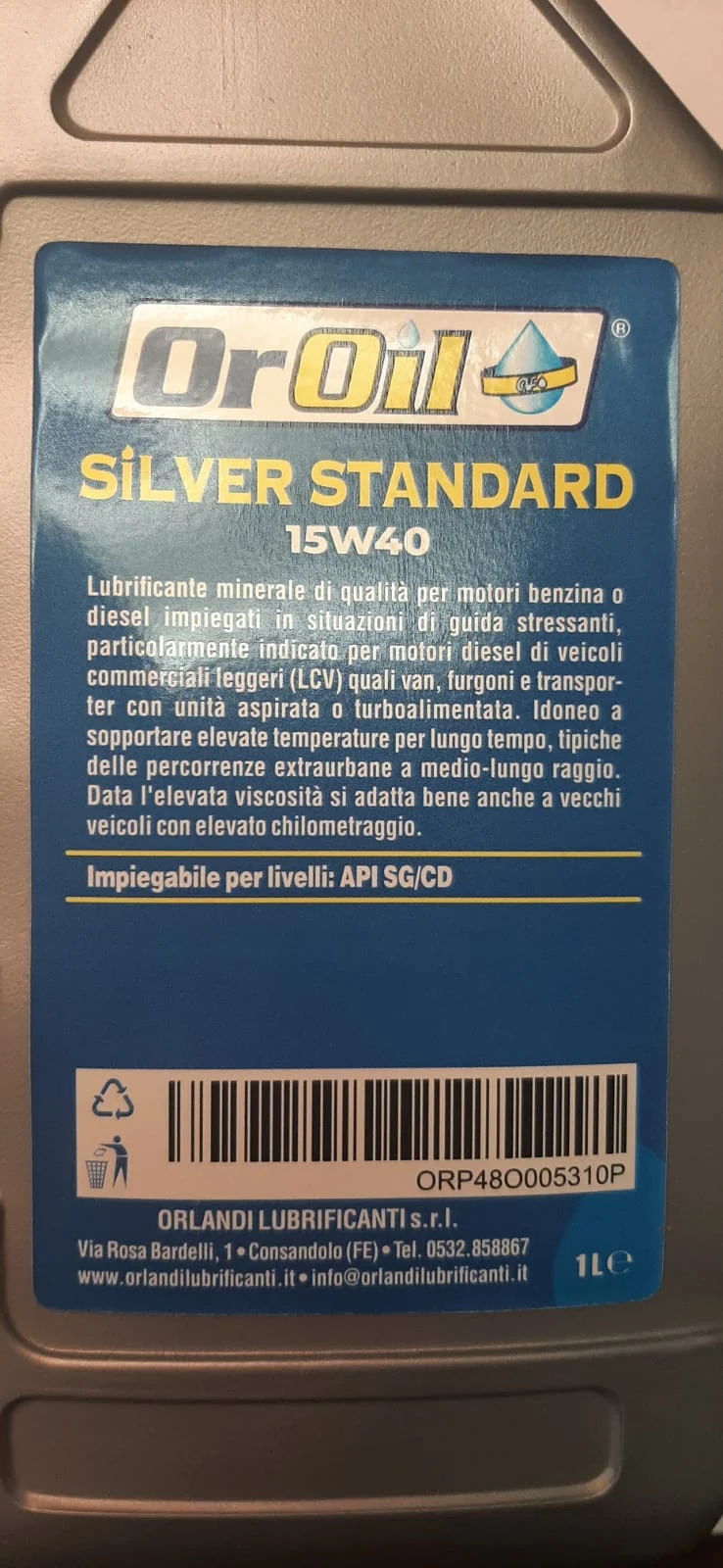 OLIO MINERALE SILVER STANDARD 15W40 LT.1 PER DIESEL E BENZINA API SG/CD