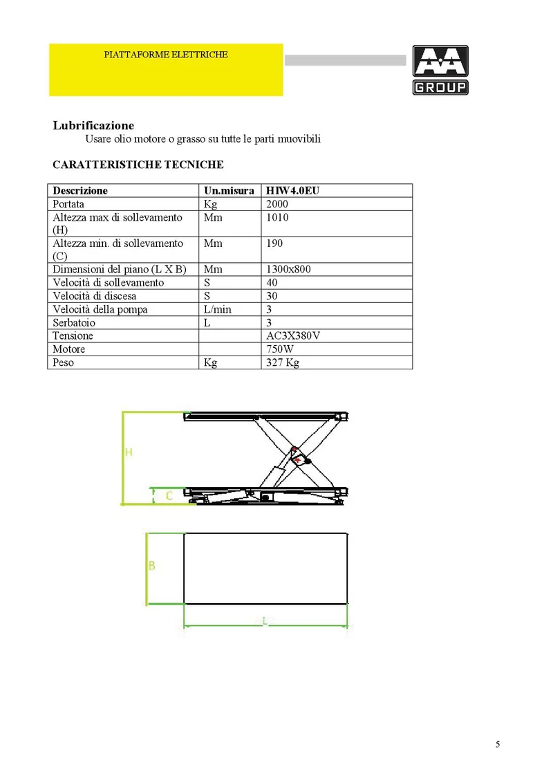 AxA HIW40EU - Piattaforma elevatrice elettrica, portata 2000kg