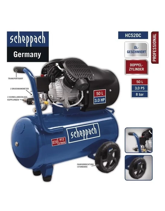 Scheppach HC52DC - Compressore aria 50lt lubrificato portatile bicilindrico V - 8bar