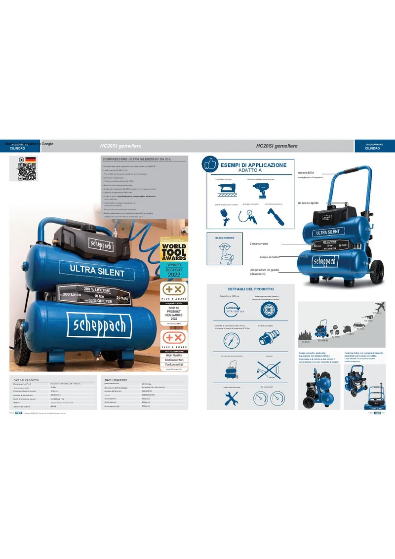 Scheppach HC20SI-TWIN - Compressore Trolley aria super silenziato 20 lt 10 bar , 54 dB