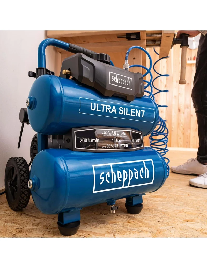 Scheppach HC20SI-TWIN - Compressore Trolley aria super silenziato 20 lt 10 bar , 54 dB