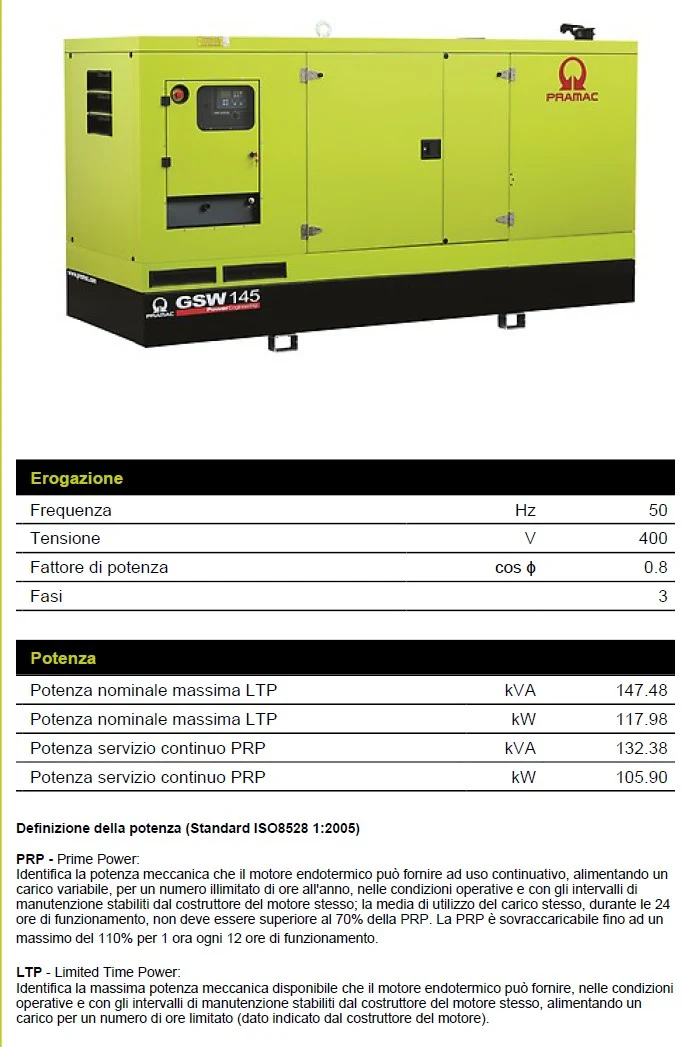 Pramac GSW 145 V Generatore stazionario diesel cofanato Motore VOLVO 105,90 Kw