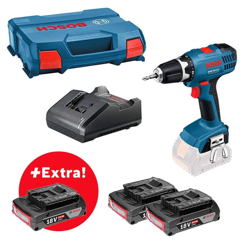 Bosch GSR 18-2-Li - Trapano avvitatore a batteria 18V - 3 x 2Ah in valigetta