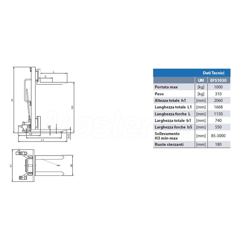 AxA EFS1030 - Carrello sollevatore manuale con forche fisse, 1000kg, alzata 3 metri