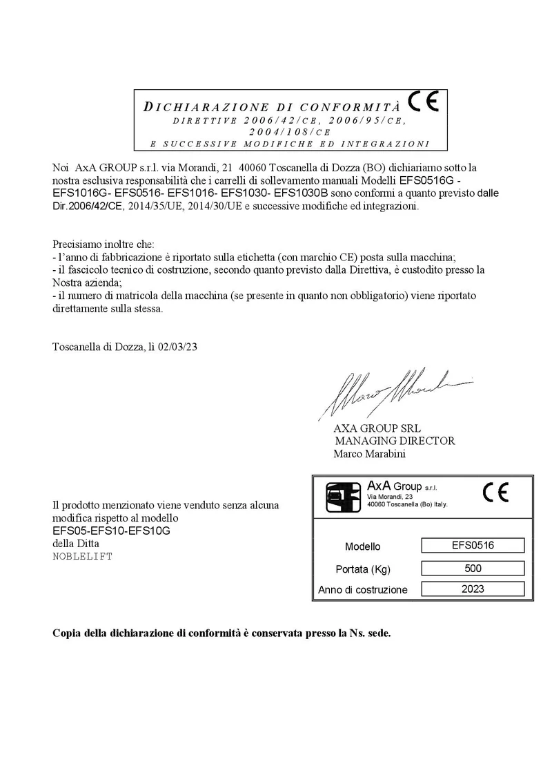 AxA EFS0516 - Carrello sollevatore manuale con forche regolabili, 500kg