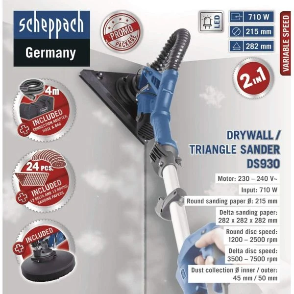 Scheppach DS930 - Levigatrice muro telescopica rotorbitale per cartongesso