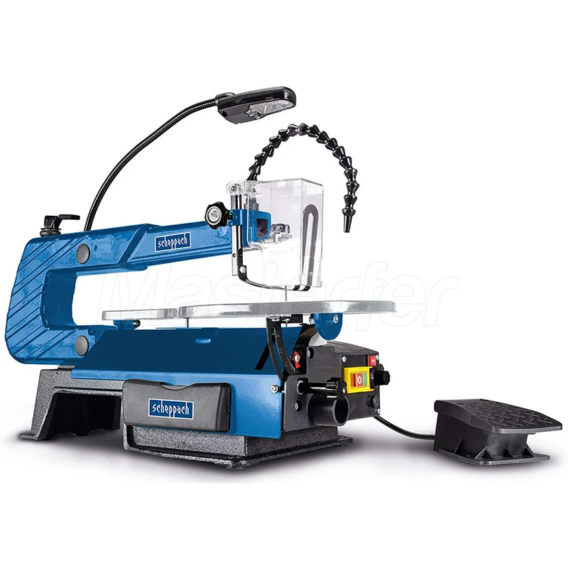 Scheppach DECO-XLS - Traforo elettrico per legno con pedale di controllo, inclinabile