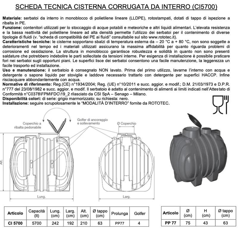 Rototec CL5700 - Serbatoio cisterna corrugata da interro - capacità 5700 litri