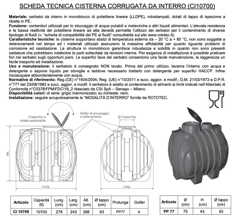 Rototec CL10700 - Serbatoio cisterna da interro - capacità 10700 litri
