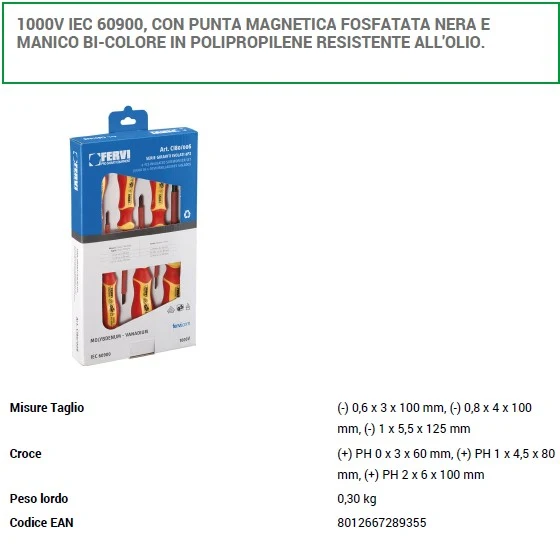 FERVI CI80/006 Serie di 6 giraviti isolati fino a 1000V punta magnetica