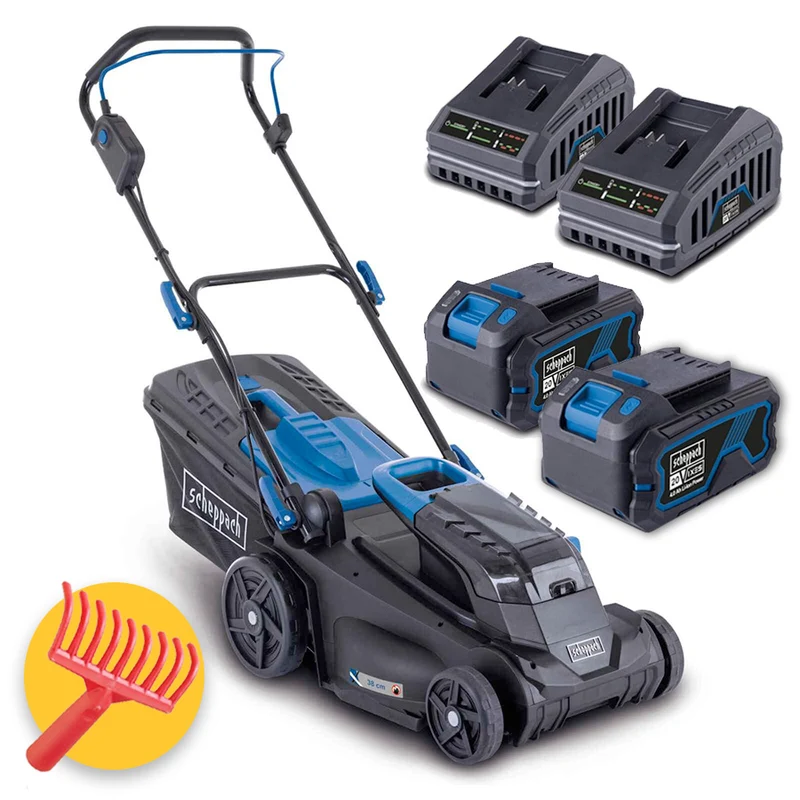 Scheppach BC-MP380-X - Rasaerba a batteria, taglio 38cm - 2 batterie 4.0Ah + doppio caricabatterie