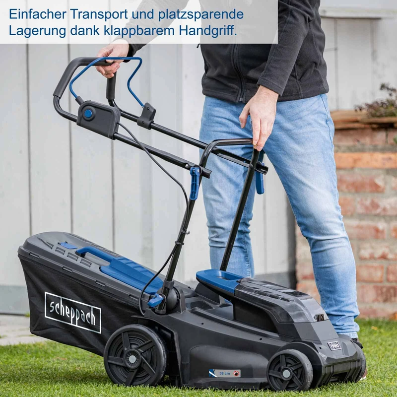 Scheppach BC-MP380-X - Rasaerba a batteria, taglio 38cm - 2 batterie 4.0Ah + doppio caricabatterie