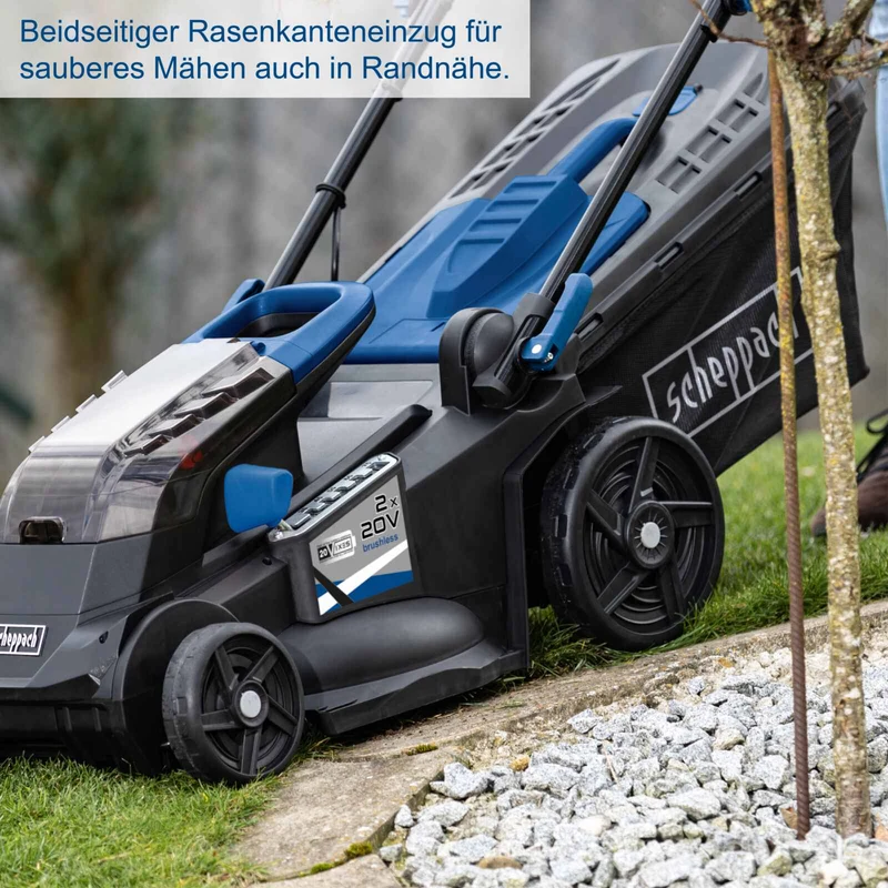 Scheppach BC-MP380-X - Rasaerba a batteria, taglio 38cm - 2 batterie 4.0Ah + doppio caricabatterie