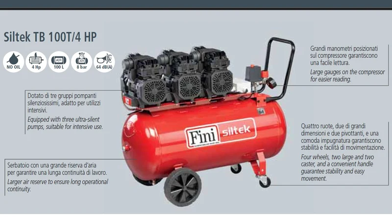 Fini Siltek tb 100t/4 hp , 100 litri , 8 bar , 4hp ,220v , compressore 3 motori , silenziato senza olio