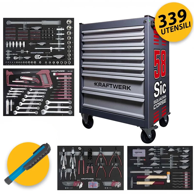 Kraftwerk B107 Sic 58 Simoncelli - Carrello da officina a 7 cassetti attrezzato, 339 pezzi, 102.107.101SIC