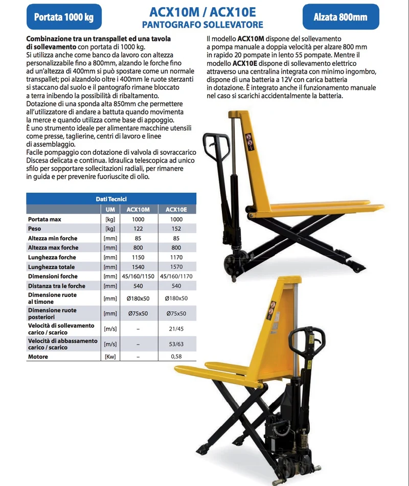 AxA ACX10E - Sollevatore transpallet a pantografo a batteria 12V, portata 1000 Kg, alzata 800 mm