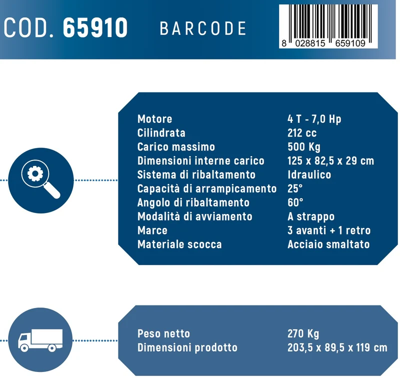 Motocarriola a Cingoli HYUNDAI 65910 212CC Carico Max 500 KG Ribaltamento idraulico