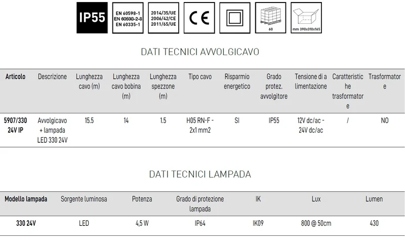 Zeca 5907/330 24V IP avvolgicavo con lampada