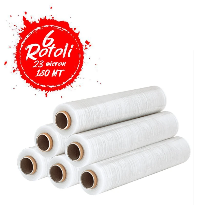 6 ROTOLI - Film estensibile manuale TRASPARENTE 23 µm - bobina da 2,4 kg altezza 50cm lunghezza 180mt