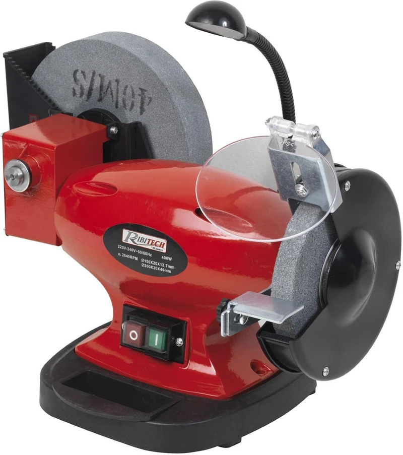 Smerigliatrice da banco combinata 400W con 1 mola da 150mm, 1 mola ad acqua da 200mm e lampada - Ribimex PRTMEMIX400