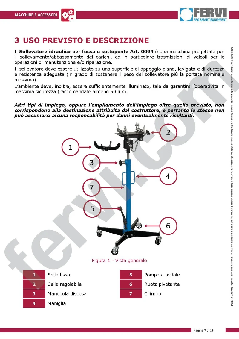 Sollevatore idraulico per fossa e sottoponte inclinabile 500kg Fervi 0094