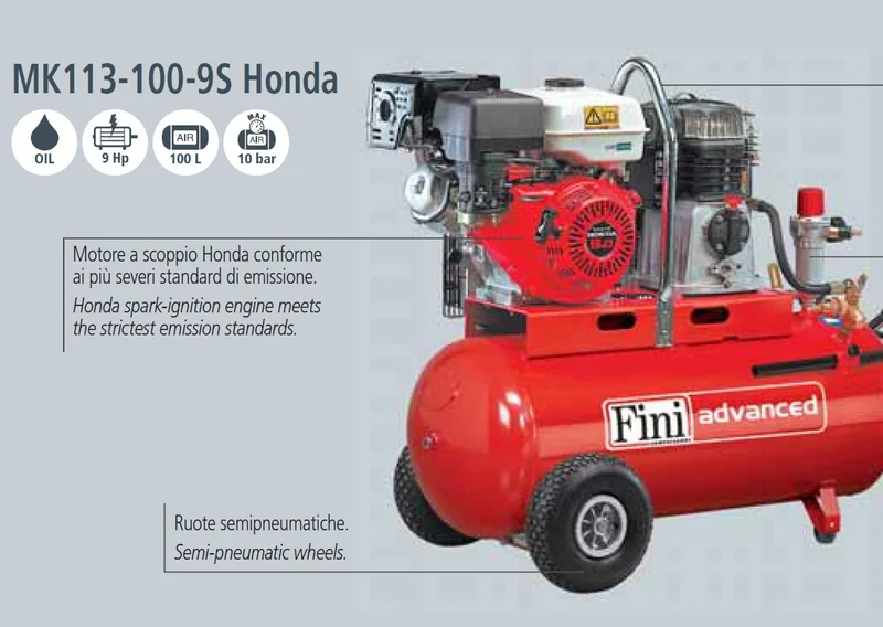 Compressore Fini Pneumair BK119-100-9S AP motore a scoppio HONDA , 14 bar - 642 l/min