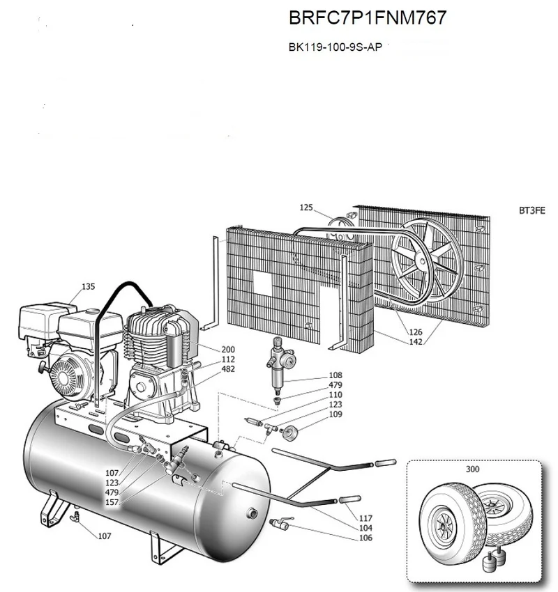 Compressore Fini Pneumair BK119-100-9S AP motore a scoppio HONDA , 14 bar - 642 l/min